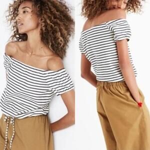 Madewell Melody Striped Off the Shoulder Navy White Top Size Small